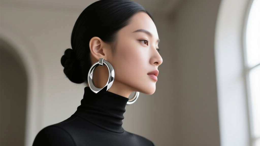 Side profile of woman wearing 100mm silver tubing hoop earrings and black turtleneck, soft window light, hair in a sleek updo.