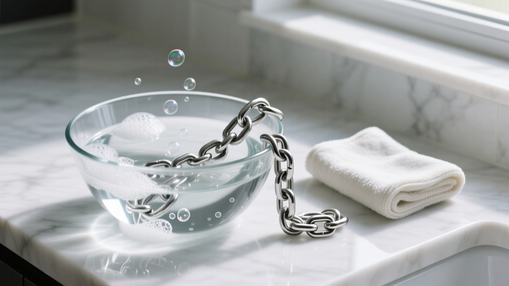 Stainless steel chain submerged in soapy water in a glass bowl, next to a folded microfiber cloth on a white marble countertop.
