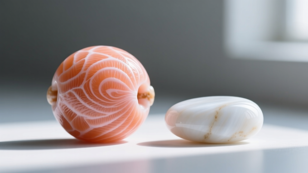 Macro shot of salmon coral bead showing natural growth striations next to a smooth, featureless dyed howlite imitation stone.