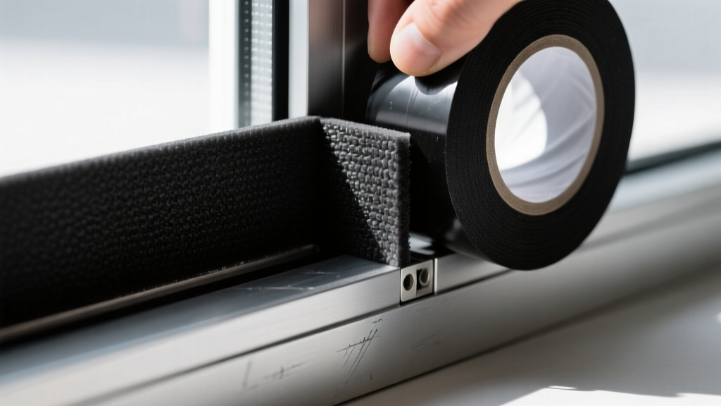 Close-up of black EPDM closed-cell foam gasket tape being applied to an aluminum window frame joint to prevent water ingress