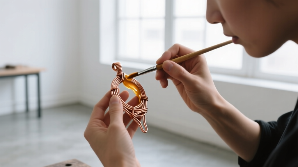 Jeweler applying microcrystalline wax to a copper wire pendant with a soft bristle brush in a bright, well-lit studio workspace.