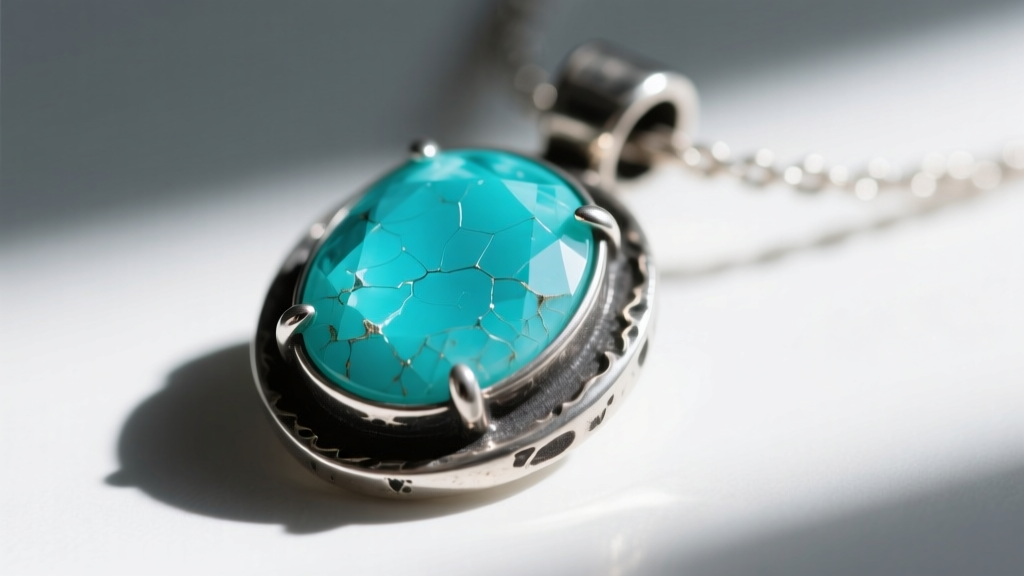 A turquoise gemstone set in an oxidized silver bezel necklace, displaying micro-fractures caused by alkaline baking soda exposure