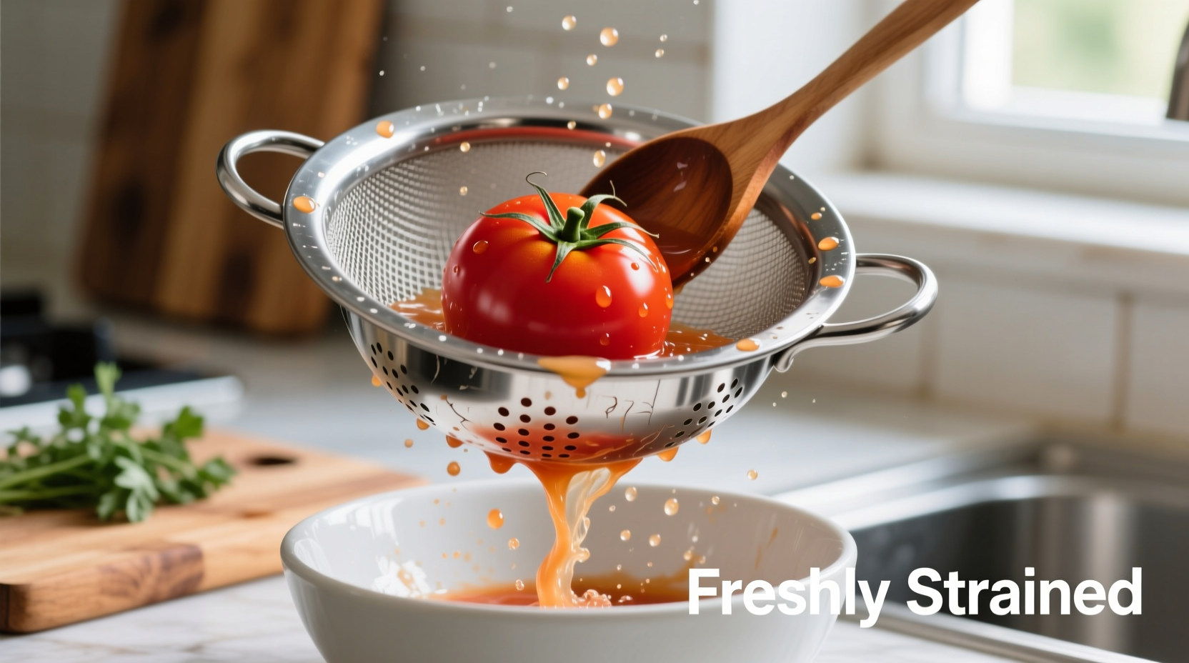 Stainless steel tomato food strainer in use