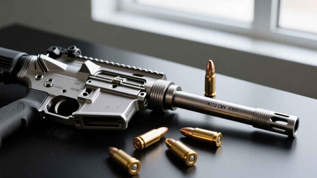 Close-up of a disassembled AR-15 lower receiver made of anodized 7075-T6 aluminum next to a 4150 CMV steel barrel and brass cartridges