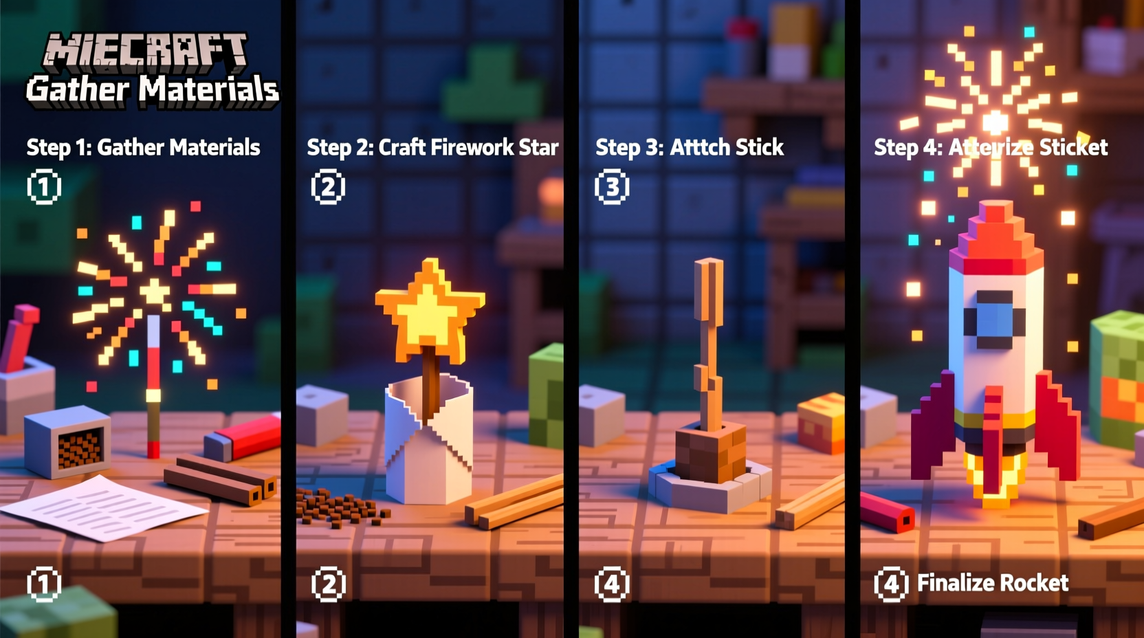 Step-by-step Minecraft firework rocket crafting demonstration