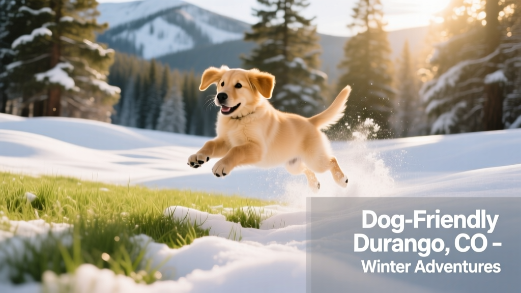 a playful puppy bounding through soft snow-covered meadow grass with pine trees in the background, Durango winter scene