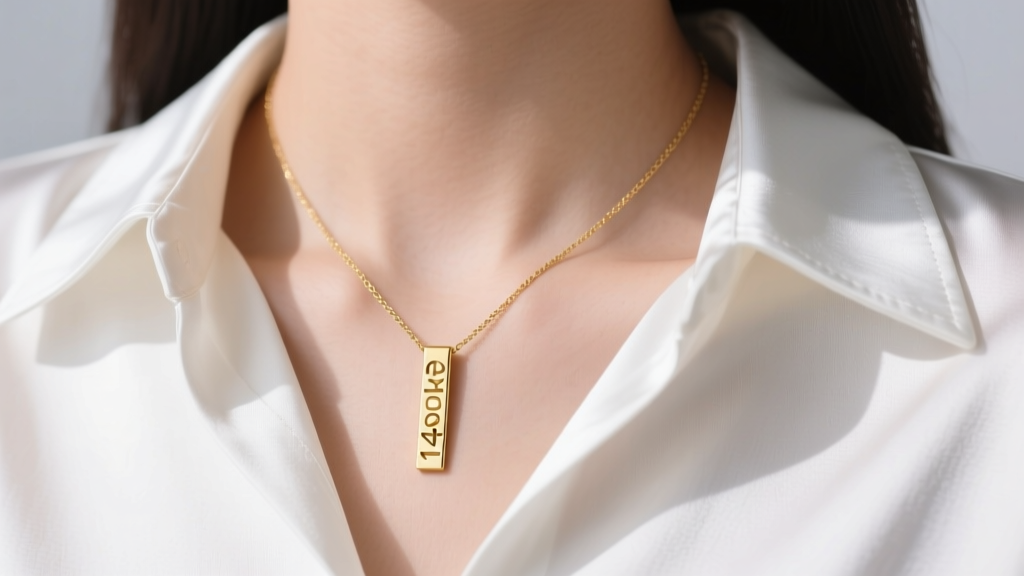 Close-up of a woman wearing a minimalist 14k solid gold vertical name necklace resting on a crisp white silk blouse collar