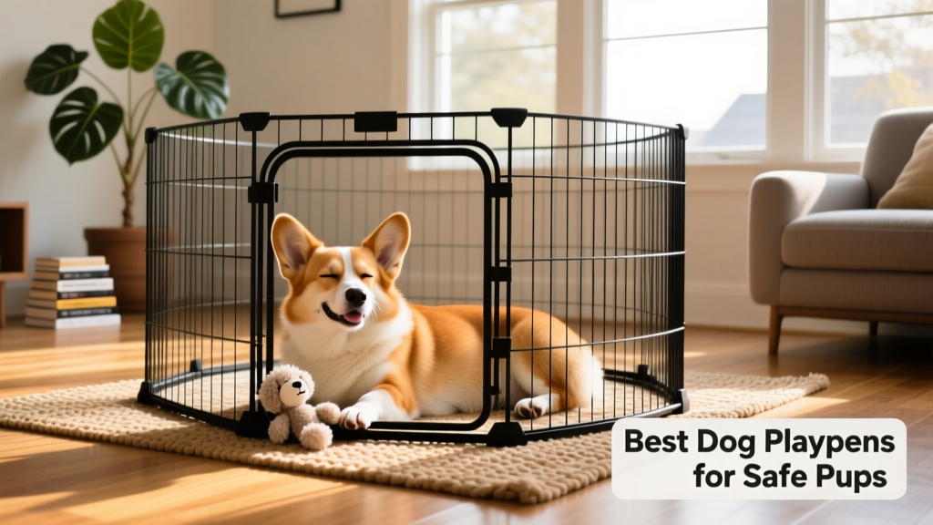A medium-sized dog relaxing inside a black wire exercise pen with a step-through door in a sunlit living room
