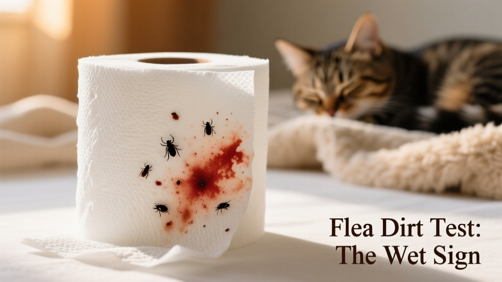 White paper towel with dark specks that have turned reddish-brown after being dampened—demonstrating the 'wet test' for flea dirt