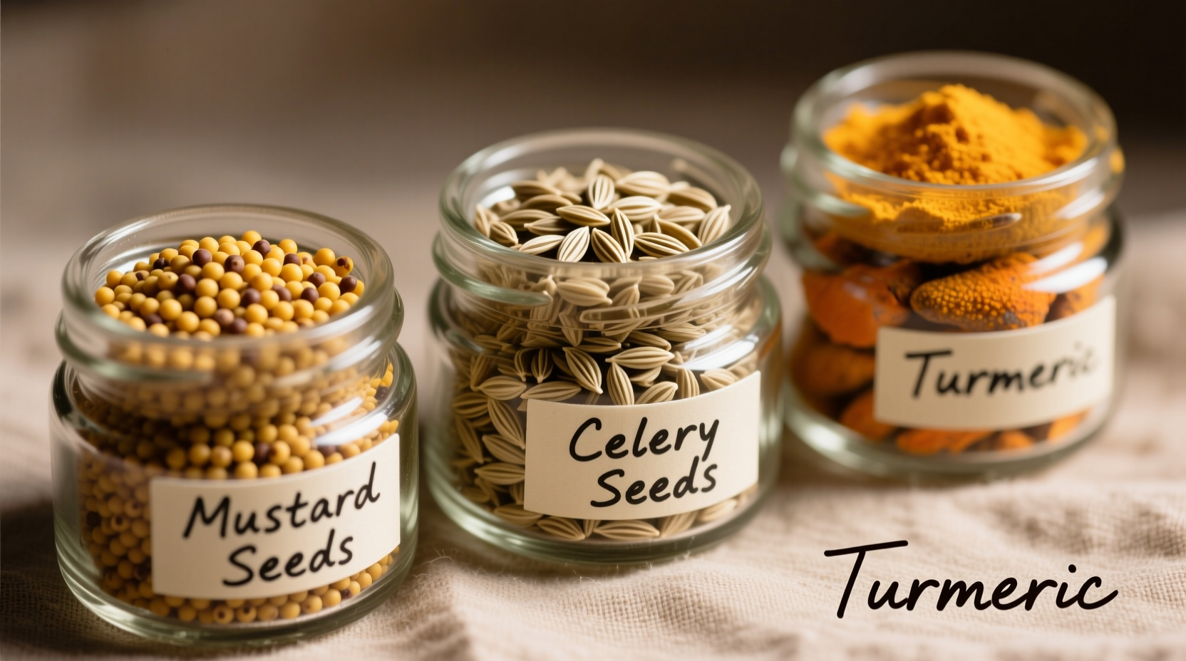 Close-up of mustard seeds, celery seeds, and turmeric in glass jars