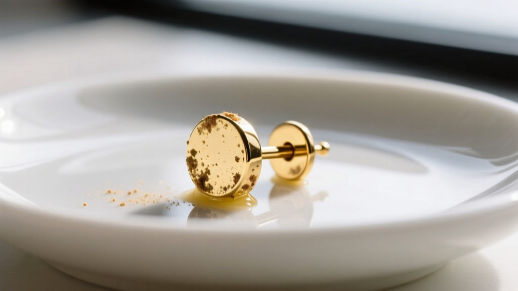 Macro photography of a dirty 14k gold stud earring post with visible sebum buildup, resting on a clean white ceramic dish.
