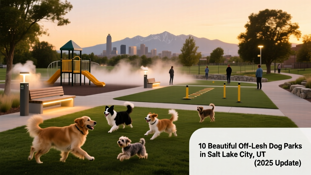 A modern, well-lit dog park at dusk with three clearly marked zones, misting stations, and dogs playing safely under LED lights
