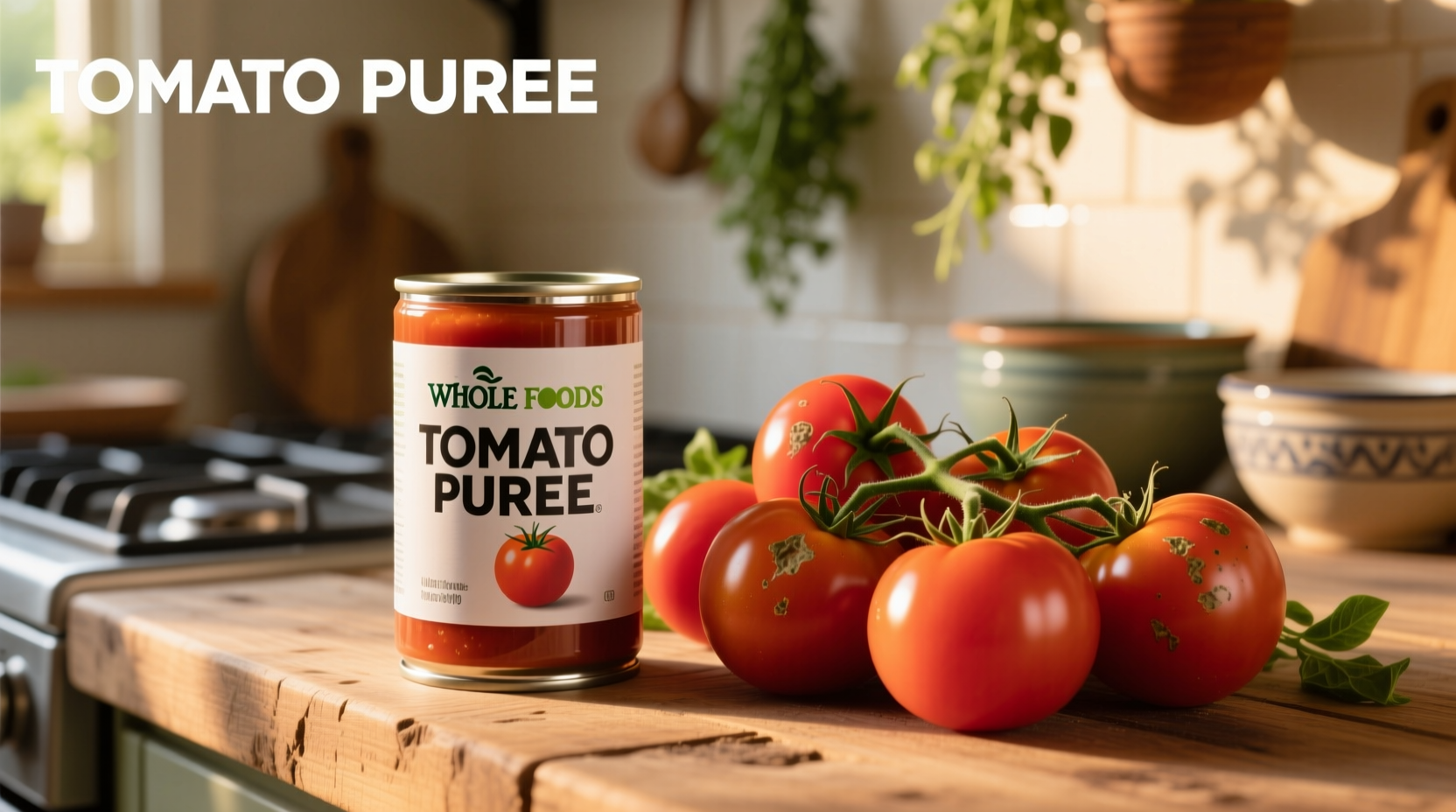 Whole Foods tomato puree can placed beside fresh tomatoes showing ingredient purity