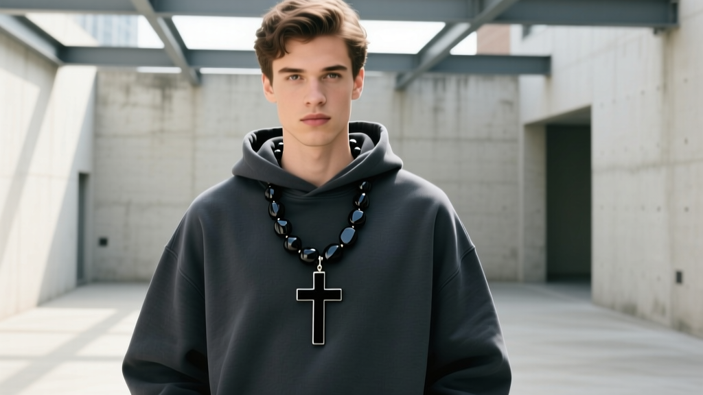 Stylish man layering a 16-inch black onyx bead necklace with a 20-inch matte black bar cross pendant over a dark charcoal hoodie.