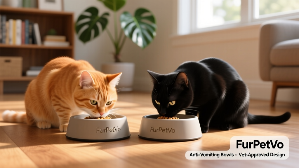 Two cats—one ginger, one black—eating calmly from matching FurPetVo anti-vomiting bowls side by side on a hardwood floor
