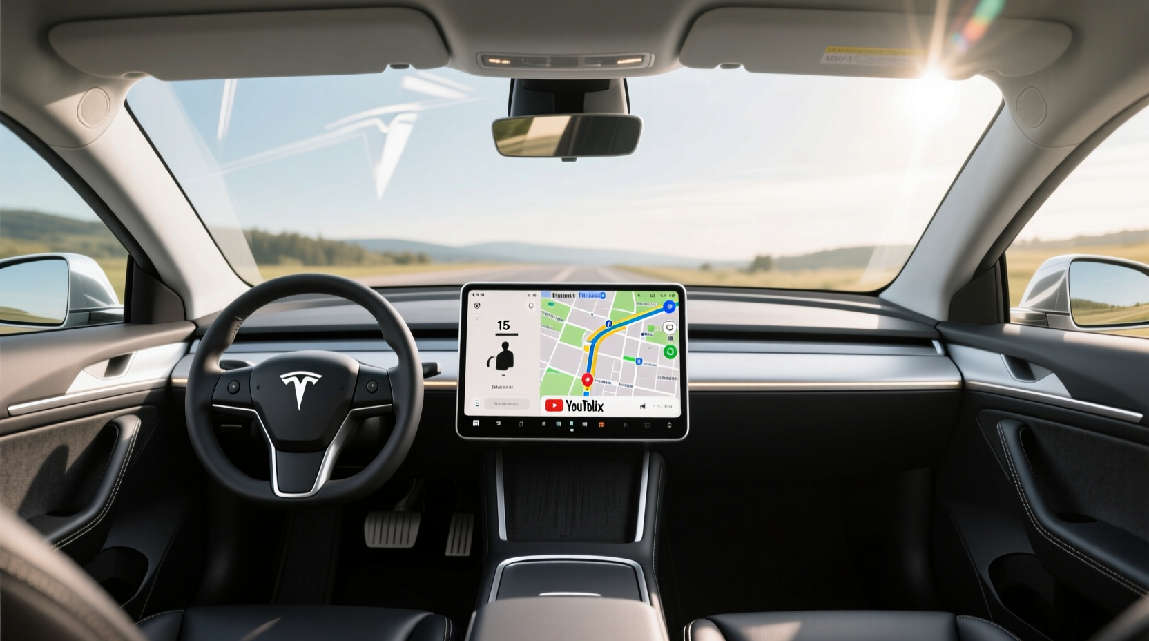 Tesla Model 3 Highland 15-inch touchscreen displaying streaming services and navigation.