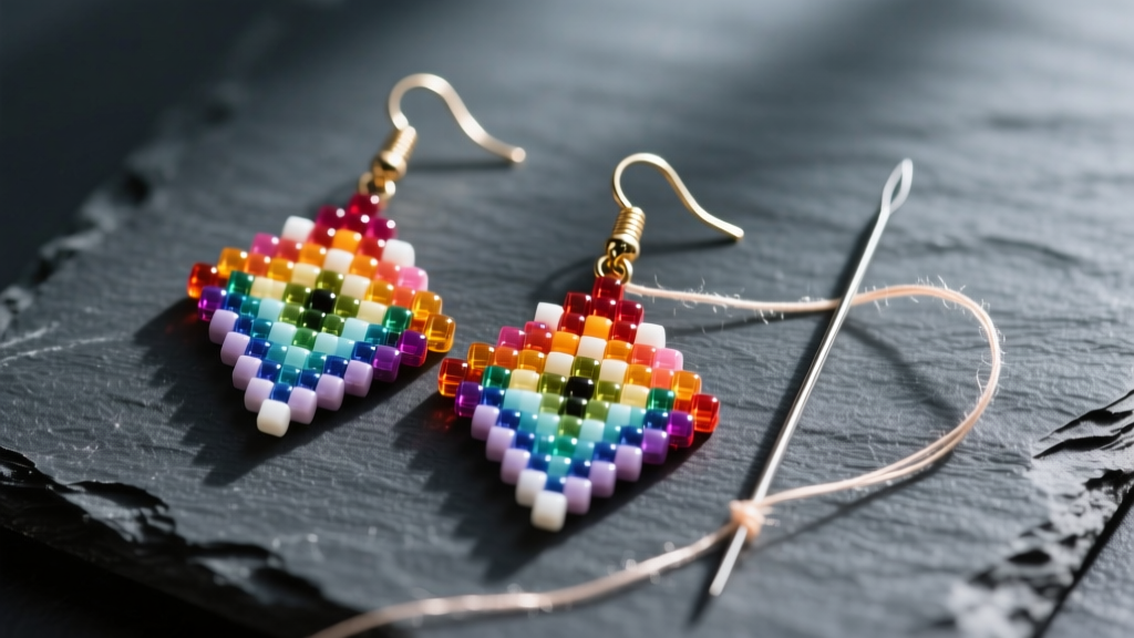Flat lay of Miyuki Delica seed beads in geometric brick stitch earring patterns, a beading needle, and thread on dark slate
