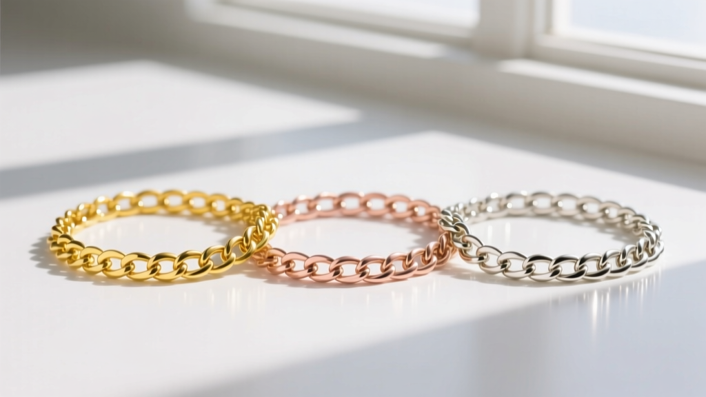 Three 18k gold Vintage Alhambra chains laid side-by-side showing distinct hues of yellow gold, rose gold, and white gold.