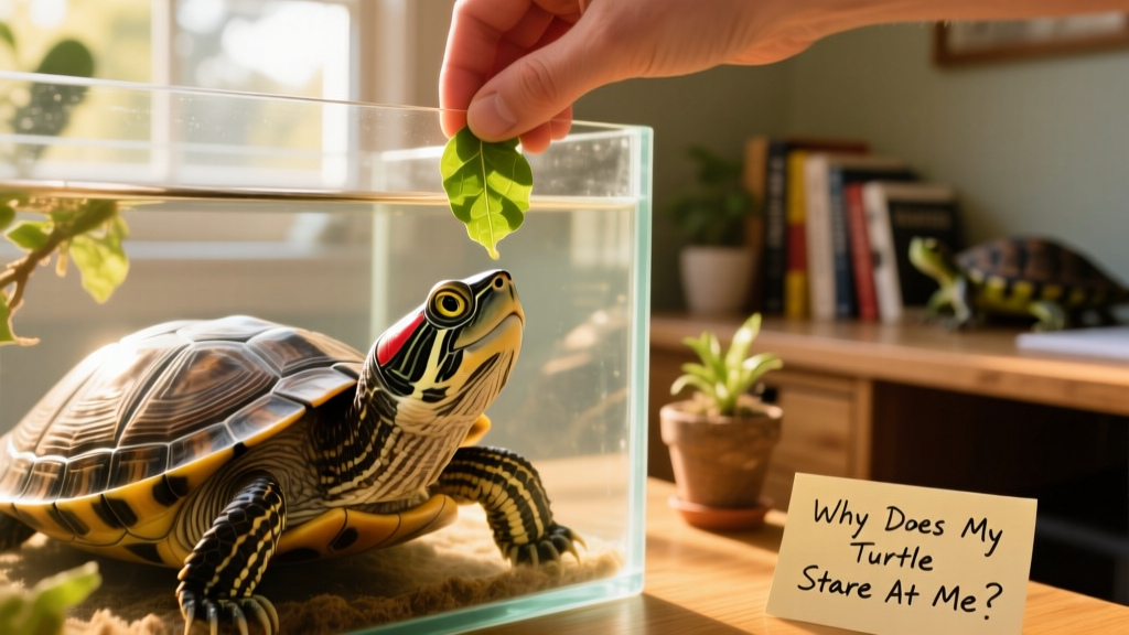 A turtle looking up attentively from its tank toward a hand offering food
