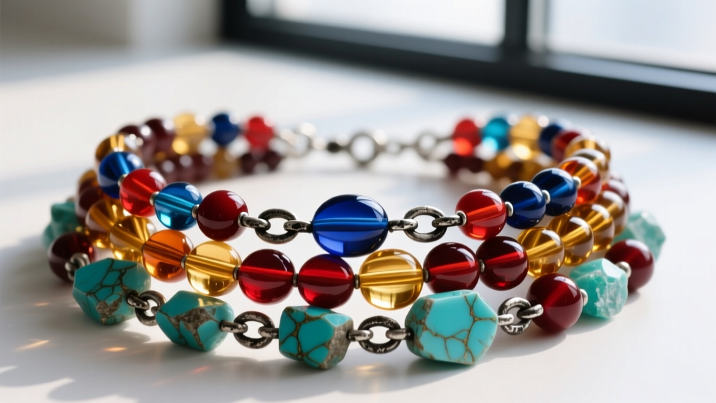 Macro shot of a layered bead necklace showing vibrant Murano glass beads, raw turquoise stones, and oxidized silver metal links