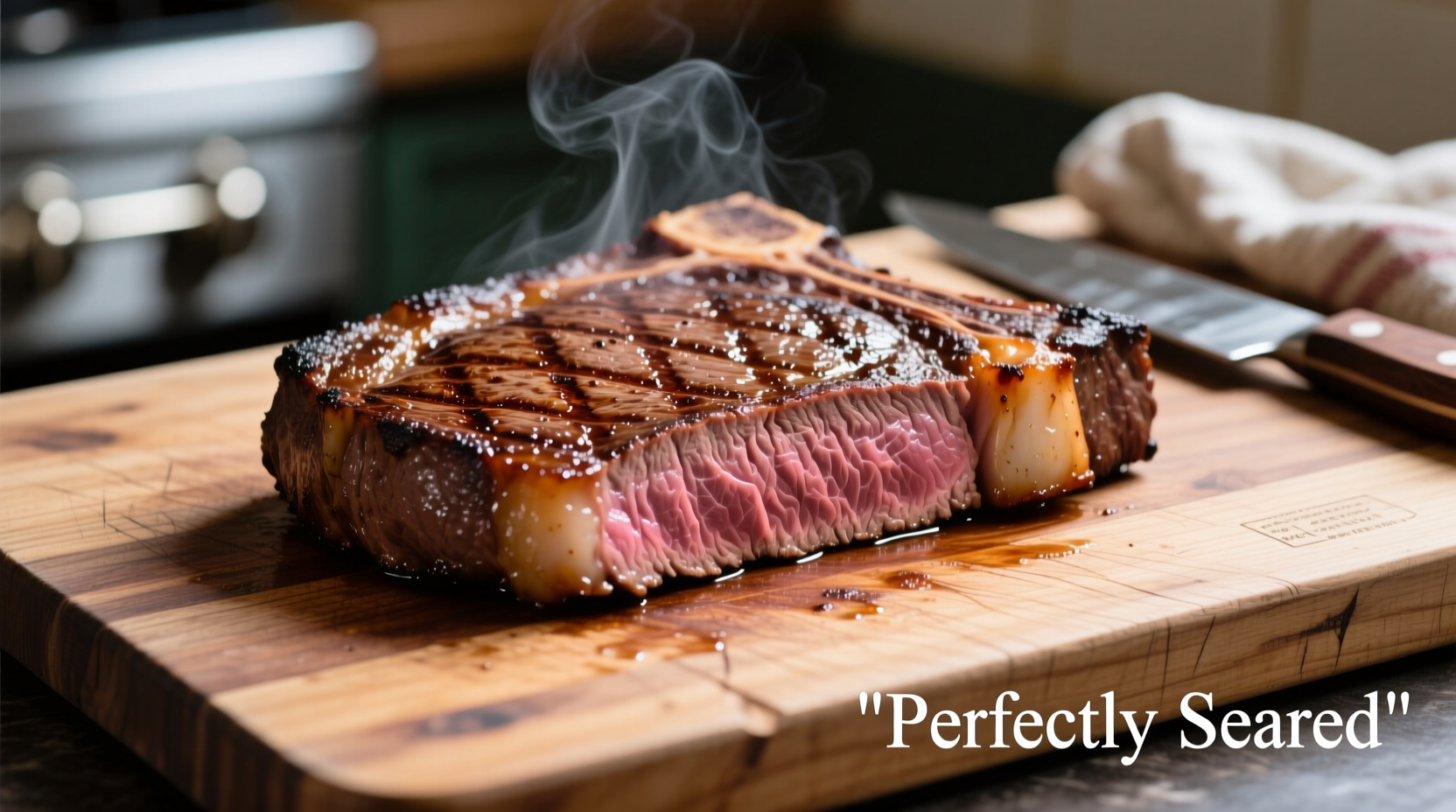 Perfectly seared boneless ribeye steak on cutting board