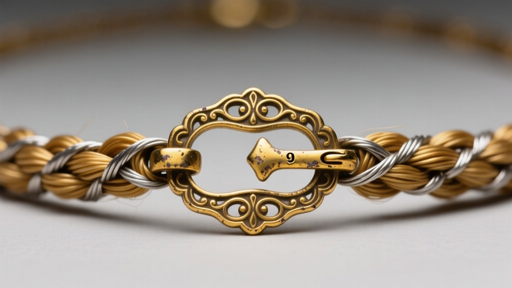 Macro photo of a tarnished 9k yellow gold Victorian C-clasp and T-bar on a woven hair mourning necklace, soft studio light.