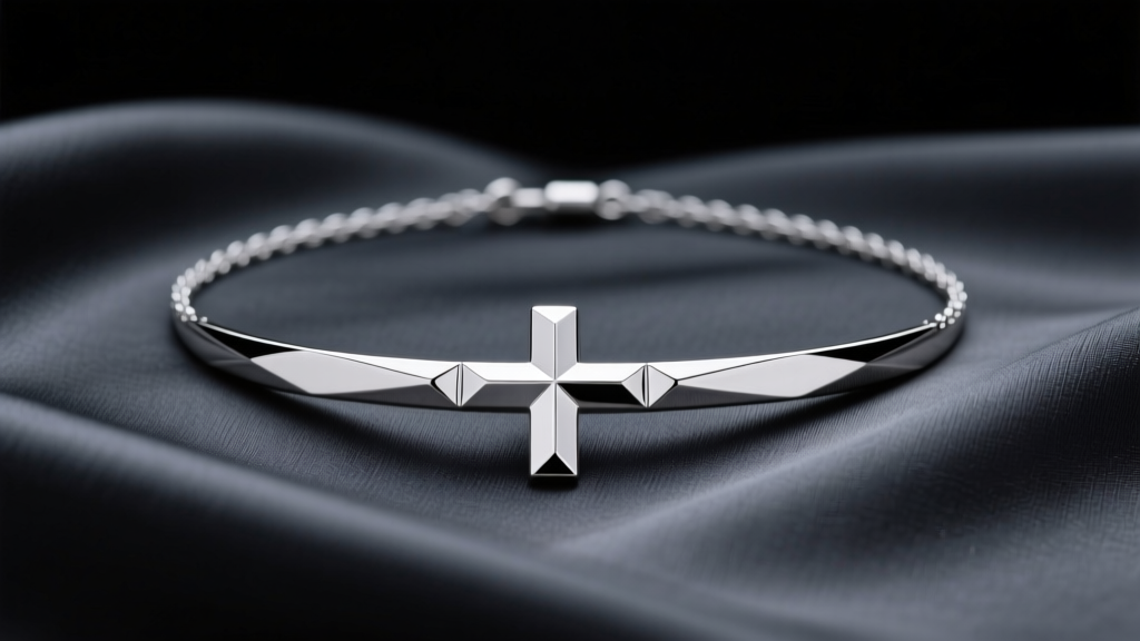 Polished 925 sterling silver horizontal cross necklace resting on dark charcoal silk, illuminated by soft diffused studio lighting