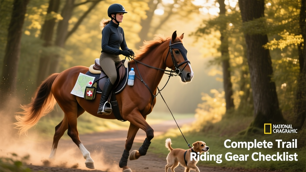 Rider and horse on a forest trail, both wearing appropriate gear including helmet, saddlebags, and fly mask