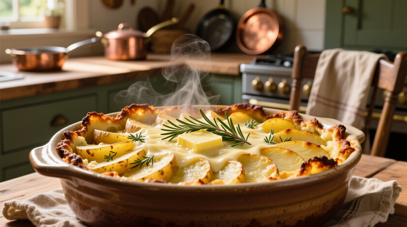 Golden-brown potato casserole fresh from oven