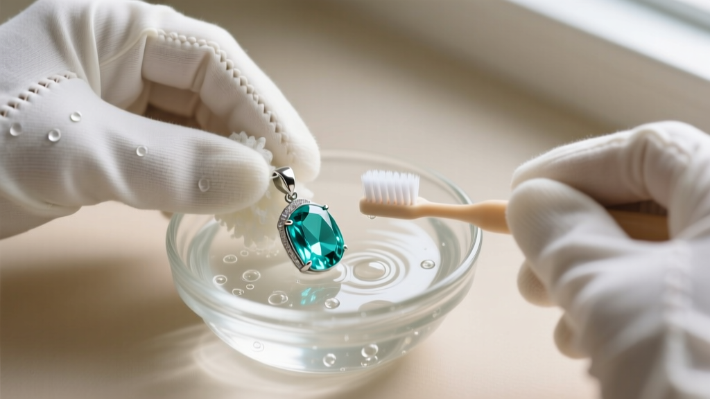 Gloved hands gently scrubbing an aquamarine pendant with a soft baby toothbrush inside a small glass bowl of lukewarm soapy water