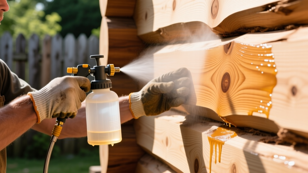 Close-up of a worker applying a clear borate wood preservative to a freshly sanded cedar log wall exterior using a low-pressure sprayer.