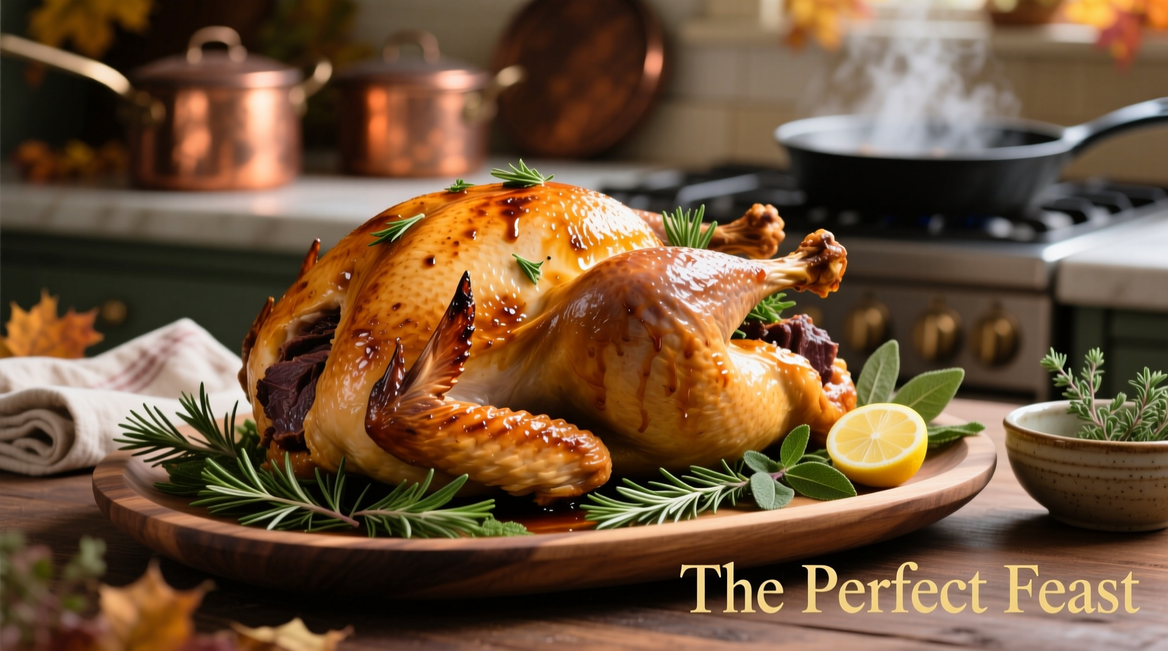 Perfectly roasted 22 lb turkey on serving platter with herbs