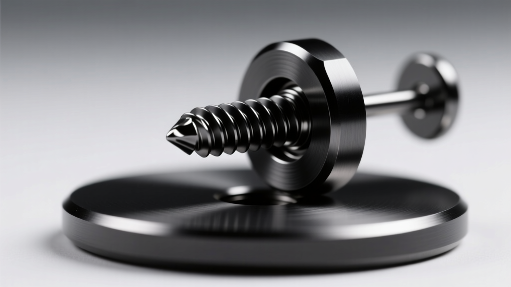 Macro view of an internally threaded black titanium earring post screwing into a flat-back disc showing the precise thread pitch