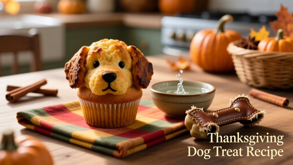 A golden-brown dog muffin placed on a festive napkin next to a small bowl of fresh water and a chew toy, styled for Thanksgiving