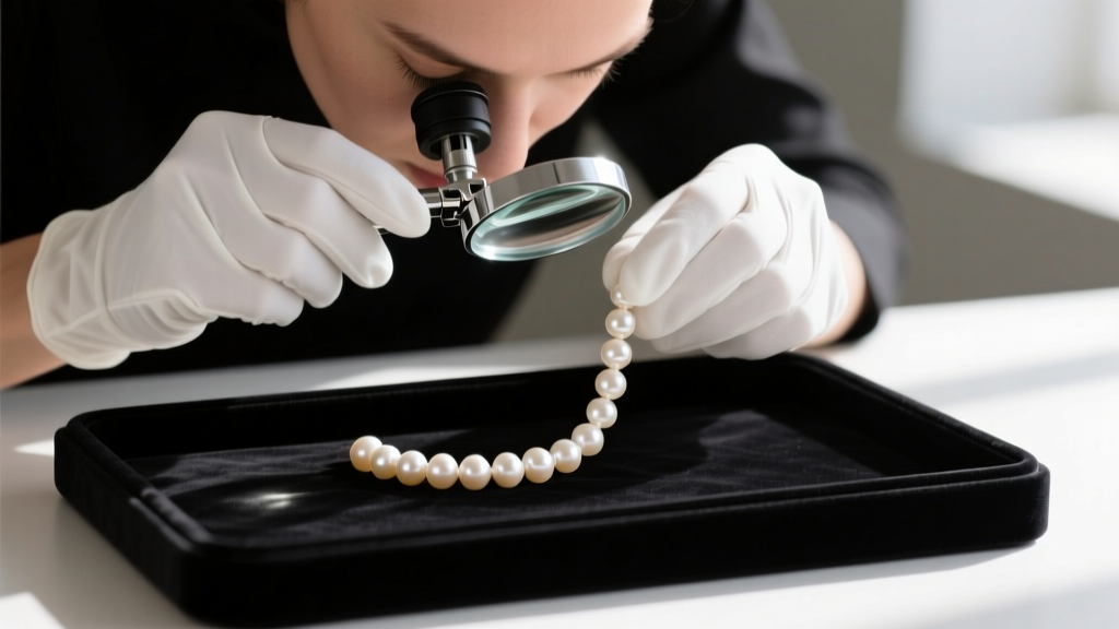 Jeweler using a 10x loupe to inspect the drill hole and surface ridges of a cream pearl strand against a black velvet tray