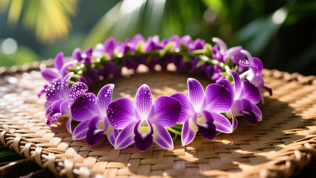 Close-up of a vibrant purple Dendrobium orchid lei hawaii necklace draped over a woven lauhala mat in bright, natural sunlight.