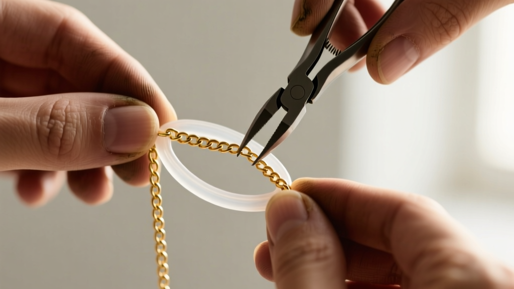 Macro shot of jeweler hands using micro-pliers to attach a clear silicone loop to a delicate 14k gold cable chain necklace.