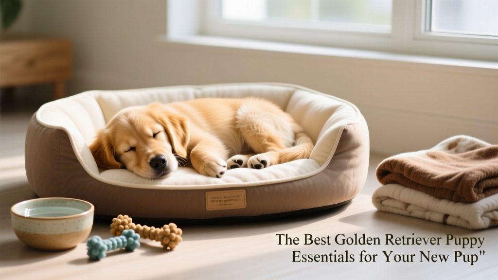 Golden Retriever puppy peacefully sleeping on a plush, supportive dog bed next to a few safe chew toys and a water bowl