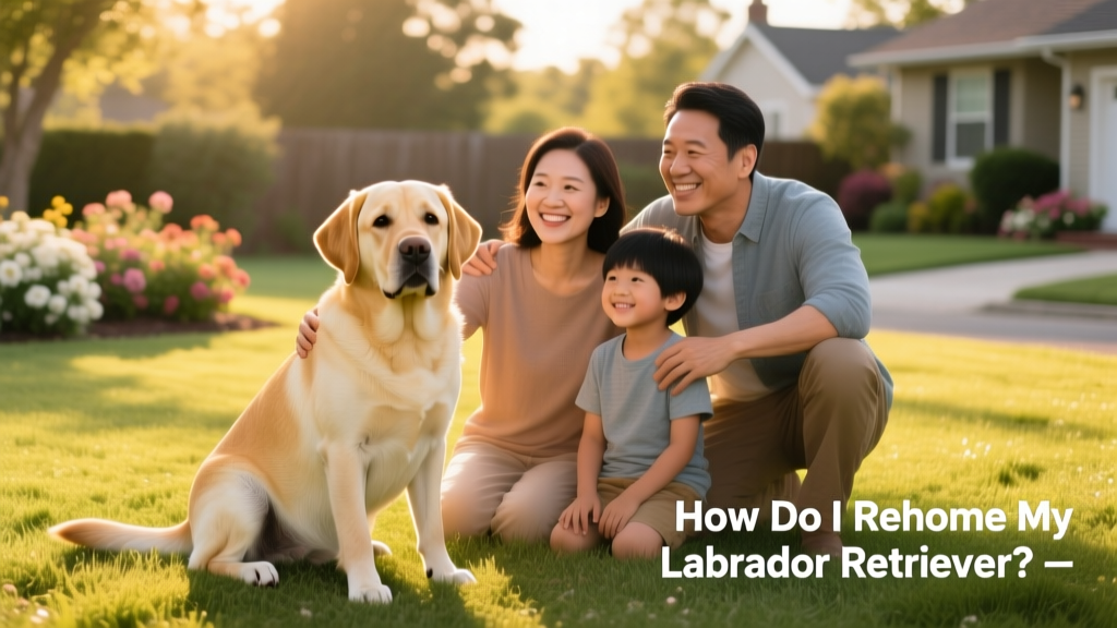 A gentle, well-groomed Labrador Retriever sitting calmly beside a family on a grassy lawn