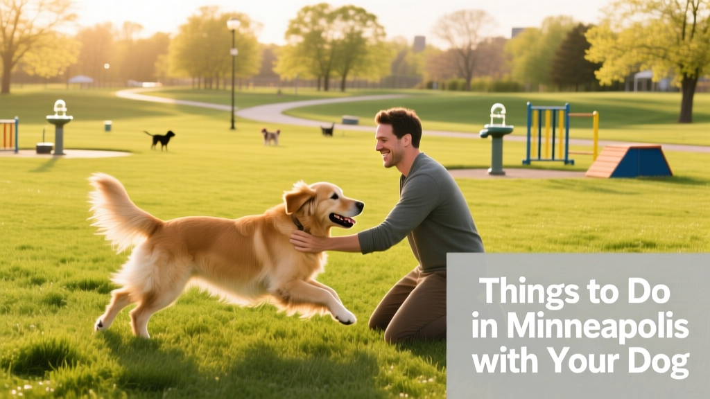 A pet parent and dog enjoying a sunny day at a spacious, grassy dog park in Minneapolis.