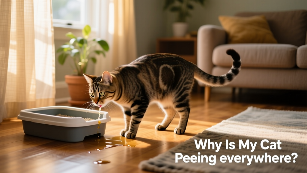 A cat peeing outside the litter box.