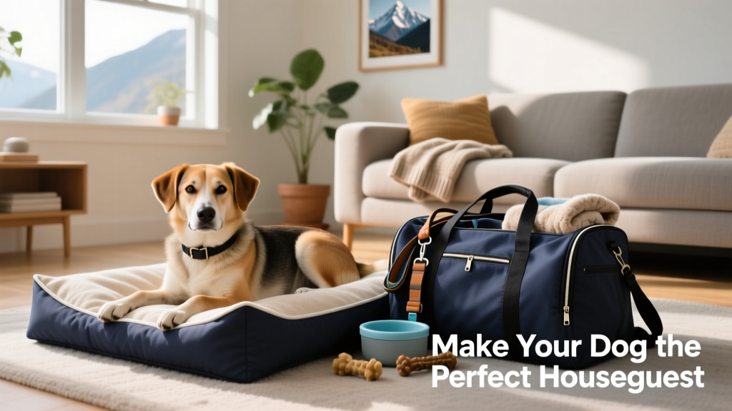 Dog calmly resting on a travel-friendly bed beside a packed duffel bag with dog gear