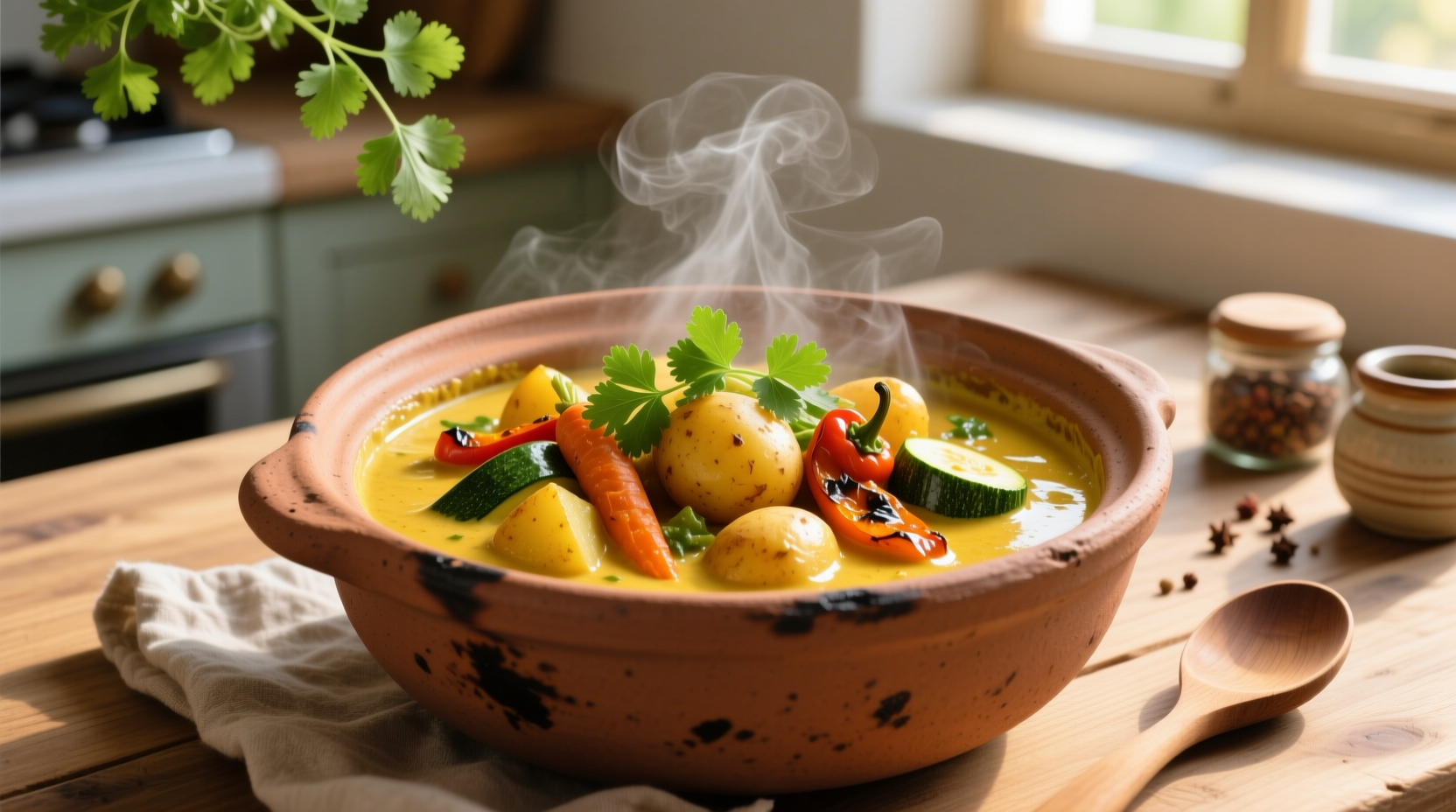 Golden vegetable potato curry in clay pot with fresh cilantro