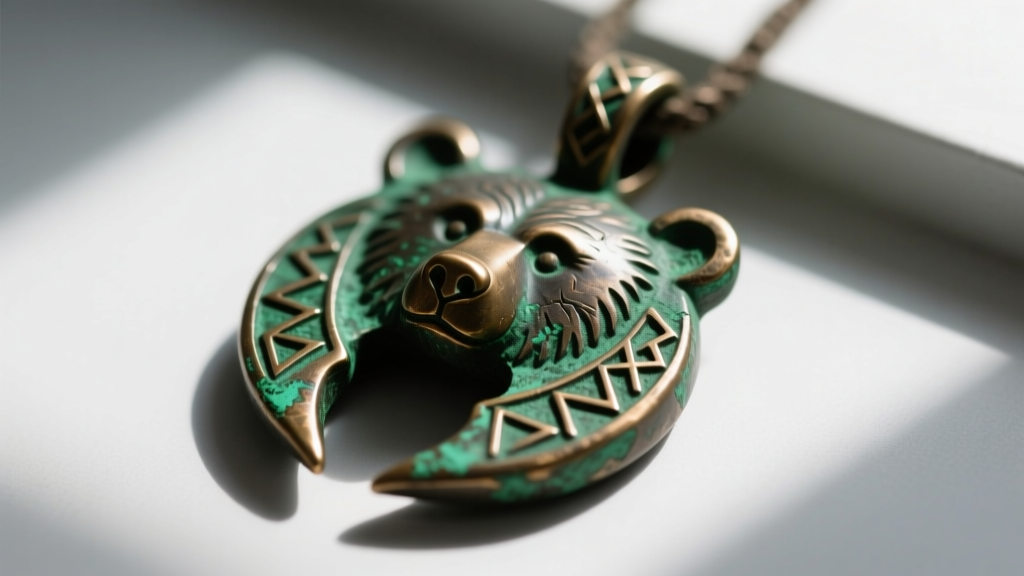 Macro shot of cast bronze Viking bear claw pendant showing intricate runic inscriptions and natural green patina on the edges