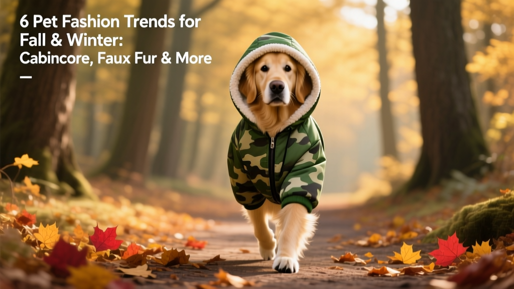 A golden retriever wearing a green urban camo hooded coat with sherpa lining, walking confidently on a forest path with fallen leaves