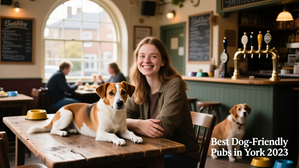 A woman smiling as she sits at a rustic wooden table in a dog-friendly pub, her gentle terrier mix resting calmly on her lap
