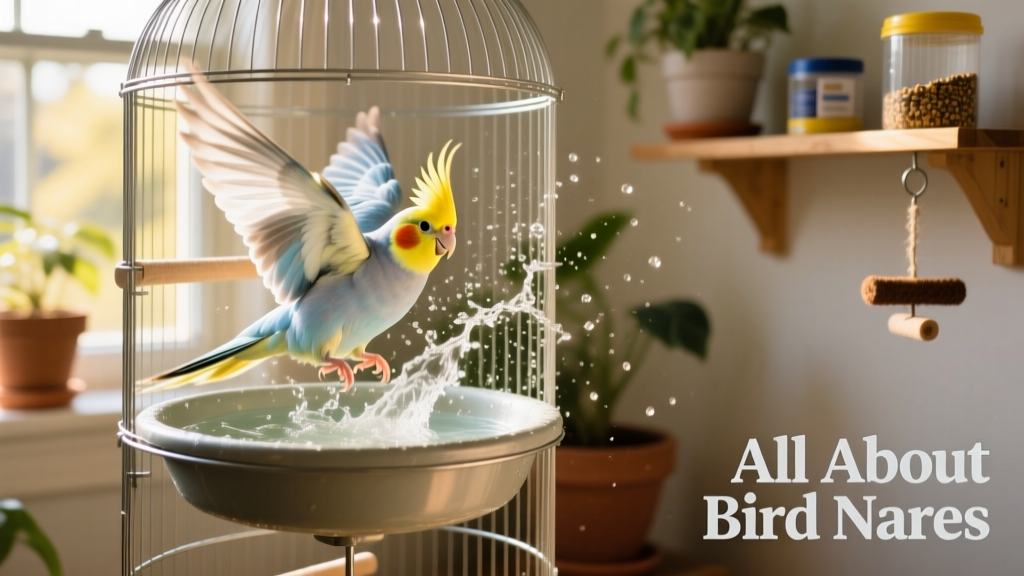 A happy cockatiel splashing in a shallow, circular bird bath mounted on a cage