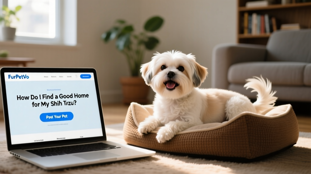 A laptop screen showing the FurPetVo homepage with a 'Post Your Pet' button highlighted, next to a happy Shih Tzu resting on a cozy dog bed
