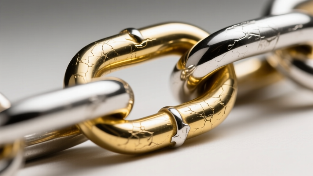Extreme close-up of a silver-plated brass chain link showing micro-abrasions and yellow brass bleeding through the thin plating.