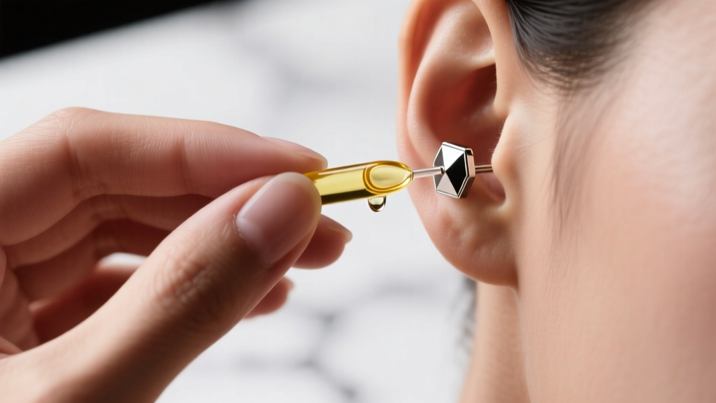 Close-up of hands applying a drop of clear jojoba oil to an embedded earlobe stud, showing careful and precise finger placement.